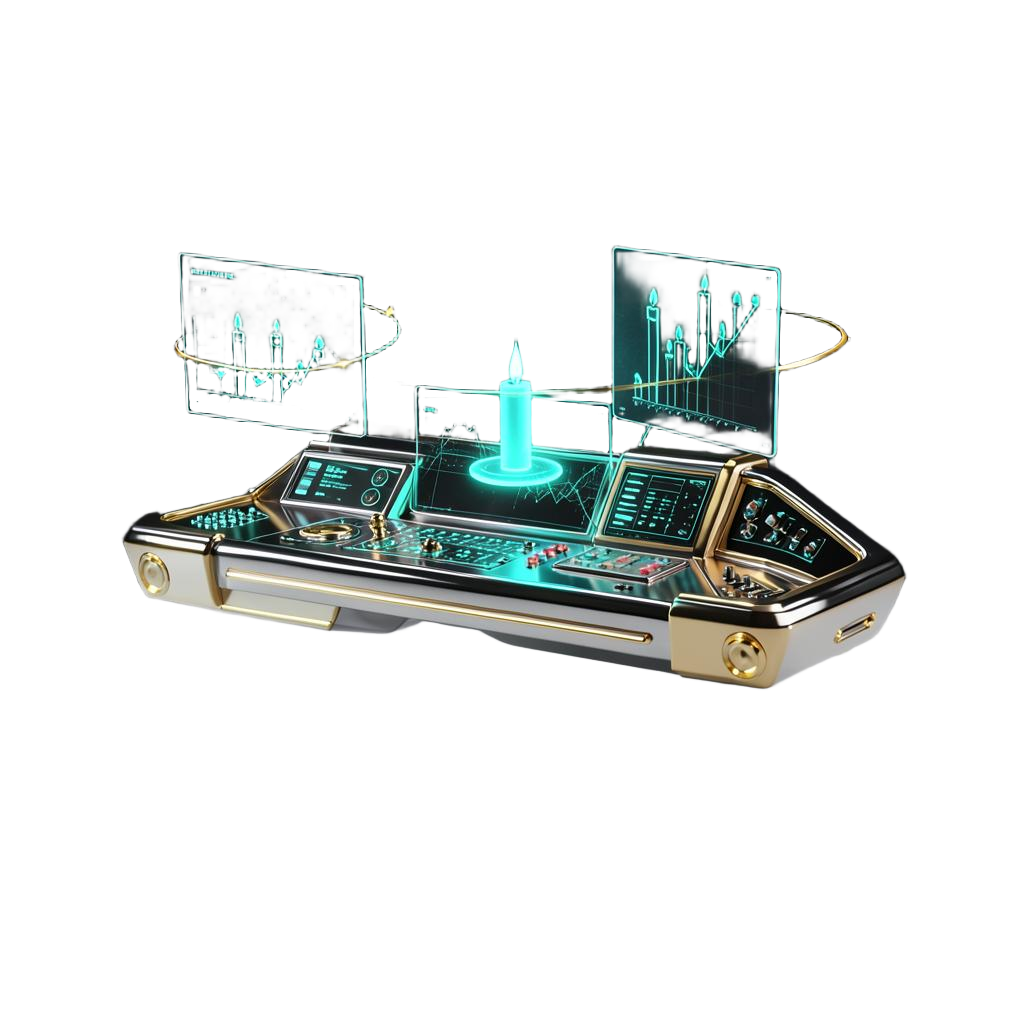 Illustrated research console representing analysis of the IronBridge Markets trading platform